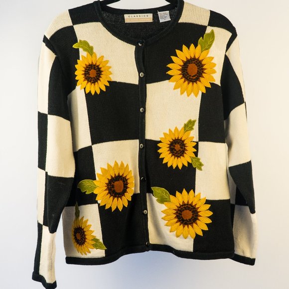 90s Maria Christian Ramie Check Print Sunflower Sweater - Picture 1 of 4